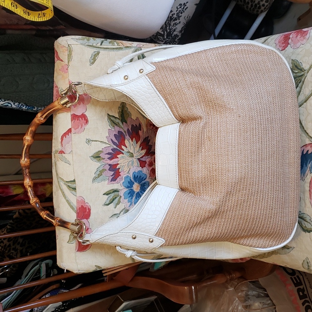 LOFT Woven and Off White Croc Embossed Shoulder Bag, with "Bamboo" Handle.
